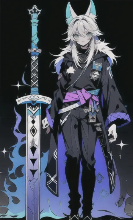 solo, 1boy,「white hair,cerulean blue」long hair, Attach a sword to your waist, {{nighthawk mask}},  There&#39;s a man wearing a costume, {fox tail,}Apparition {one wing} Farson!!!!, furry Farson, furry characters, furry anime, Farson, furry paws furry, Furr...