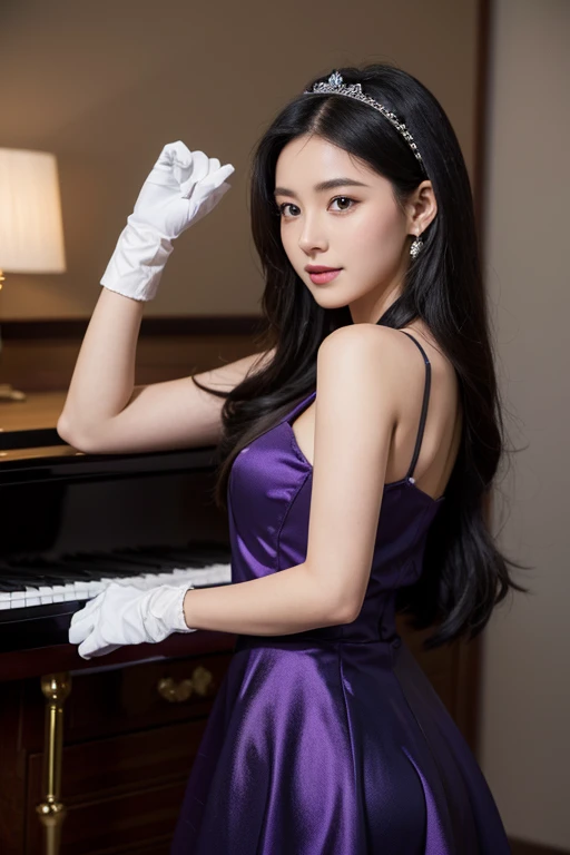 a princess with long black hair, wearing a dark purple short dress with a hint of cobalt blue. She is wearing white gloves. She is in her bedroom, night time