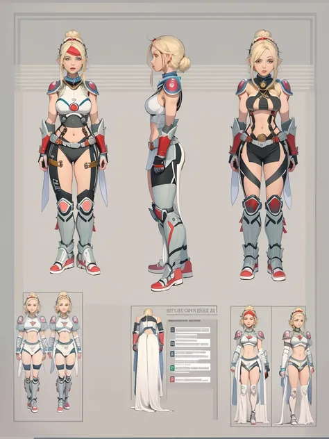 （character design sheet:1.5），whole body，1 mighty female warrior，（Orderly rows：1.2，spaced apart：1.2，No overlap：1.2），clear lines，clean background，White background