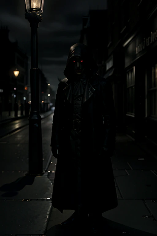 realistisch, Noir , Dark setting on the streets of London, Nosferatu stands under a street lamp and casts a long shadow