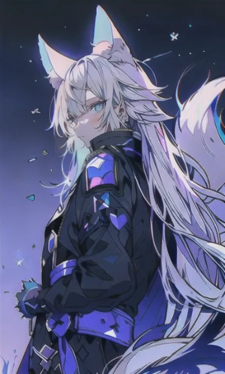 solo, 1boy,「white hair,cerulean blue」long hair,  {{nighthawk mask}},  there&#39;s a man wearing a costume, {fox tail,} {one wing...