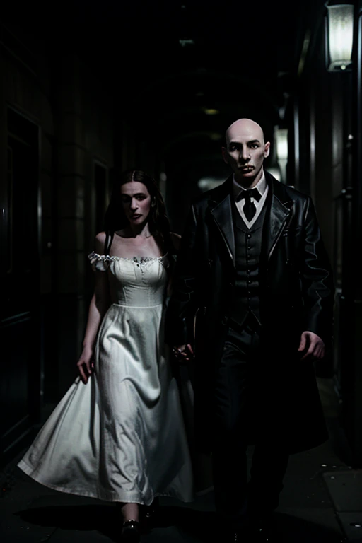 realistisch, Noir , Dark setting on the streets of London, steht Nosferatu gekleidet in einen Frack , He observes a young woman in a white dress from a hallway