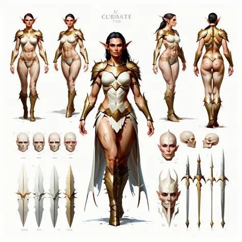 （character design sheet:1.5），((whole body))，1 powerful and beautiful female warrior from the Elf tribe，（Orderly rows:1.2，spaced apart:1.2，No overlap:1.2），((clear lines，clean background，White background, UHD, masterpiece, ccurate, anatomically correct, text...