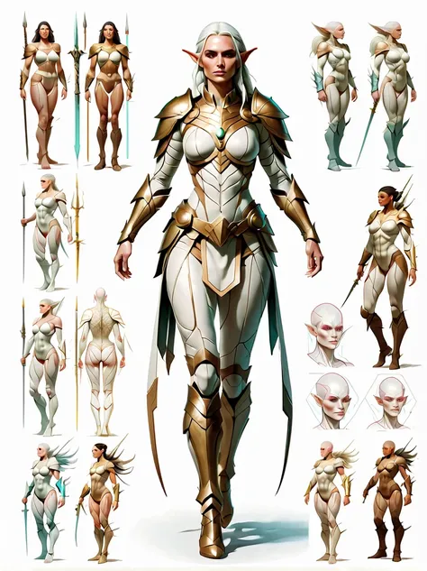 （character design sheet:1.5），((whole body))，1 powerful and beautiful female warrior from the elf tribe，（orderly rows:1.2，spaced ...