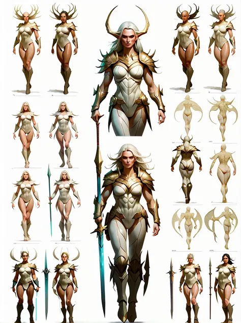 （character design sheet:1.5），((whole body))，1 powerful and beautiful female warrior from the elf tribe，（orderly rows:1.2，spaced ...