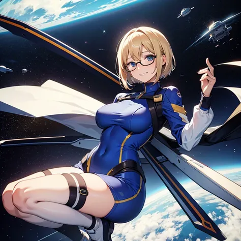 (masterpiece), best quality, expressive eyes, perfect face, solo, mature woman, full body, look smart, blond hair, short bob hair, glasses, azure pilot suit, high leg, over knee socks, large breast, large butt, smile, relaxed expression, low view, in the s...