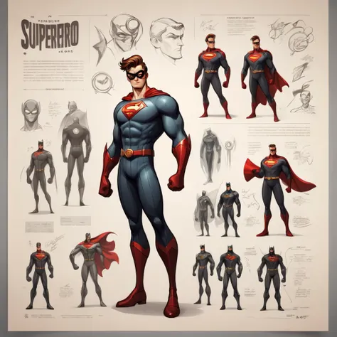 High resolution, high quality, masterpiece. character design sheet. A stylish superhero (a stylish comic book superhero), with distinctive details about his powers, origin and moral code, with hyperrealism, surreal elements and impeccable composition,
Info...