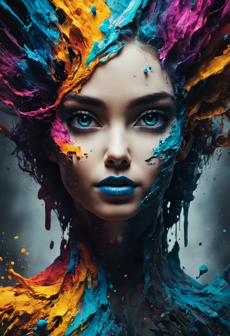 concept art concept art colorful ink cascaded the canvas forming human female face,photo,studio lighting,sony a7,35mm,hyperreali...