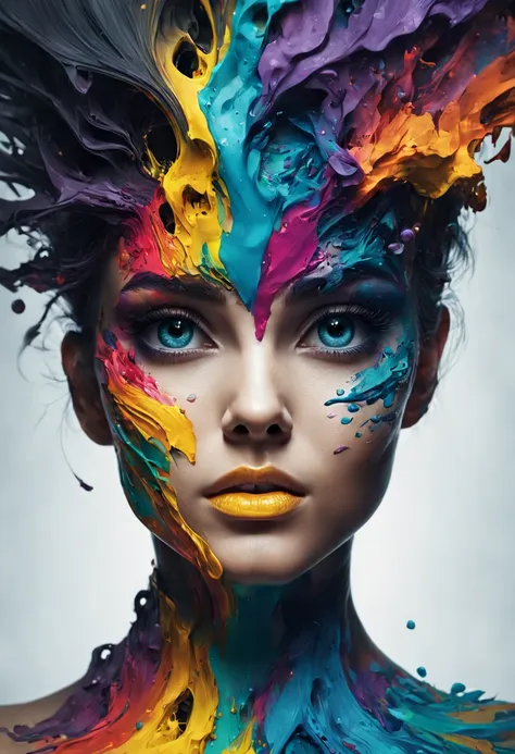 concept art concept art colorful ink cascaded the canvas forming human female face,photo,studio lighting,sony a7,35mm,hyperreali...