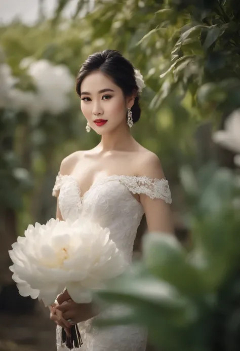 A stunning intricate shot of a beautiful happy asian bride is wearing white flower dress with big flowers,giant white peony flower behind of bride,sharp focus,natural lighting,subsurface scattering,f2,35mm,film grain
8k, best quality, Medium close-up, (Keb...