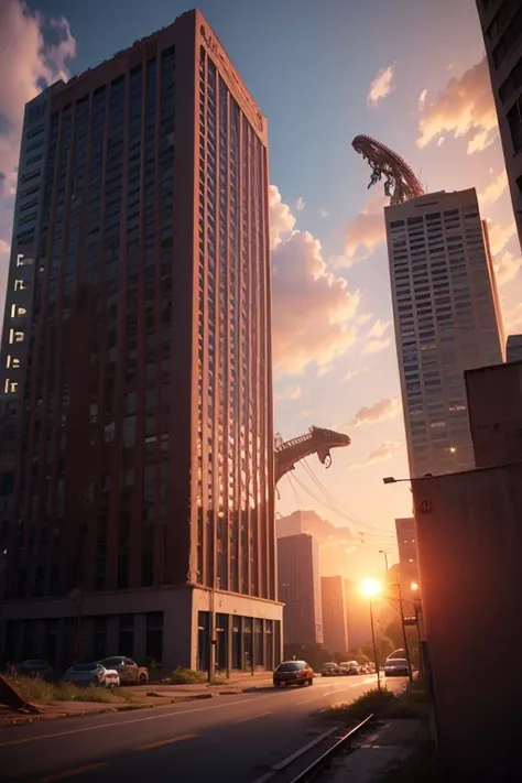 Giant mechanical lizard, abandoned building in background, sunset
