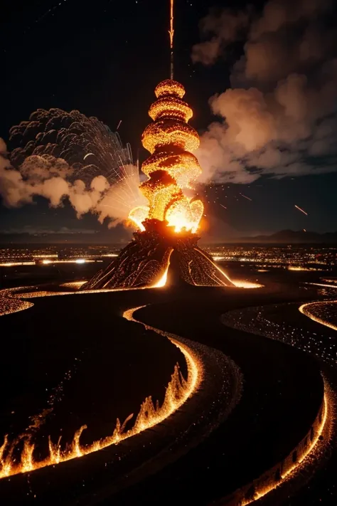 A complex lava structure in a futuristic city
