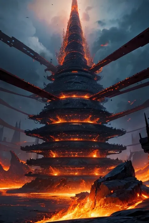 A complex lava structure in a futuristic city
