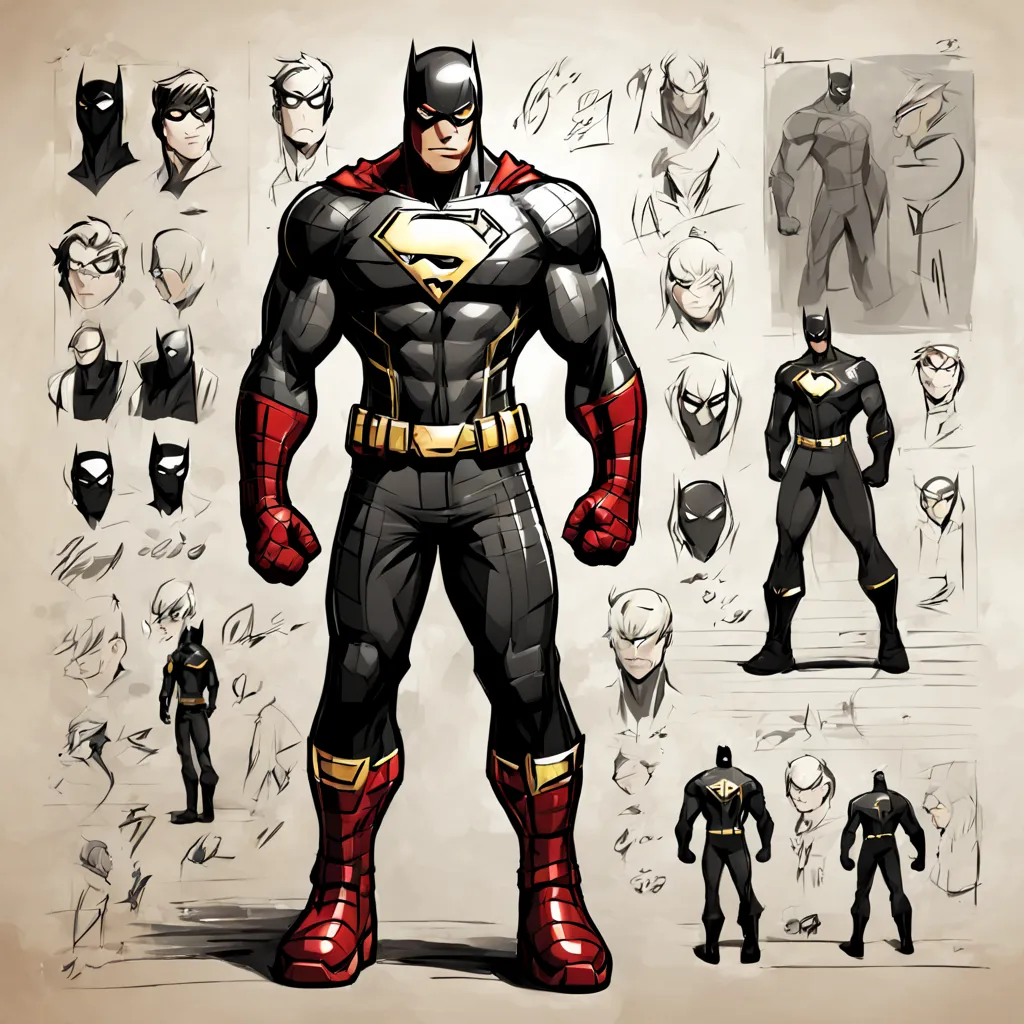 character design sheet, a stylish superhero comics, front and back and side view, sketch on a sheet