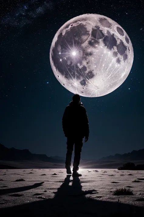 highest quality,big moon and shadow,A silhouette of a person can be seen against the background of the big moon.,There is one full moon,There is a mood,beautiful scenery,starry sky