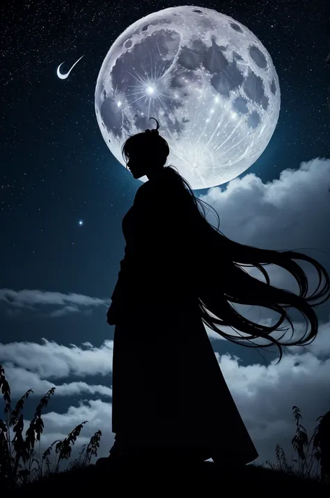 highest quality,big moon and shadow,A silhouette of a person can be seen against the background of the big moon.,There is one full moon,There is a mood,beautiful scenery,starry sky