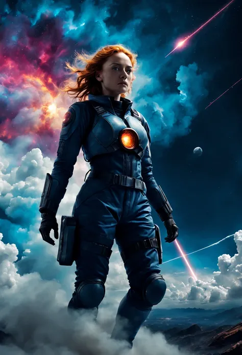 (alone) inconceivable and spectacular an emergency scene of a cloud figure Sophie Turner in a cosmic cloud, Fractal Nebula, cosmic, sky, Vibrant and vivid entities, whirlwind, spinning, unrealistic, high contrast, symbolism, magic, mystery的な, mystery, surr...