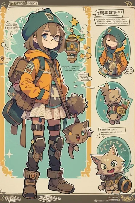 Boyish girl and creepy cute monster buddy、anime-like、Adventurer、A determined smile、Brown hair with light blue mesh、Monocle with analytical ability、Sporty、Emblem with the Ouroboros ring motif、cap with cat ears、He is equipped with a mechanical gauntlet on hi...