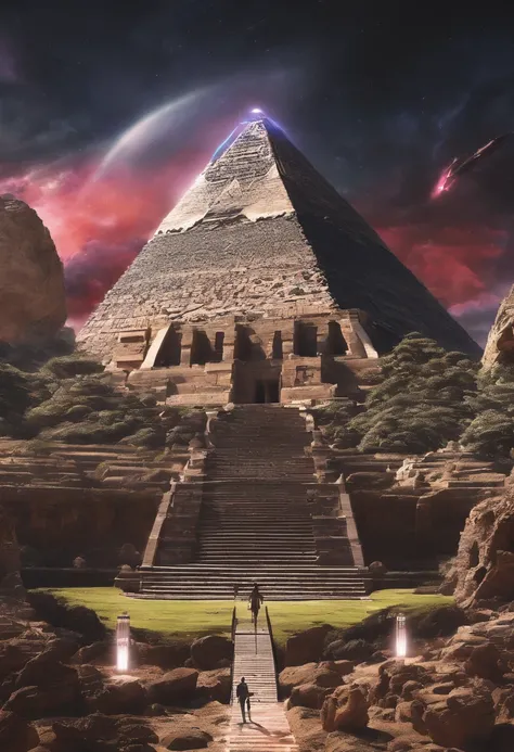 highest quality、masterpiece、ultra high resolution、(realistic:1.4)、ancient ruins、Shining pyramid、octahedral ufo,shine beautifully、filled with huge stones、pyramid covered with ivy、girl standing in front of the pyramid,Flying laser beam