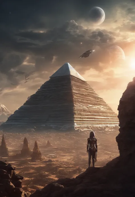 highest quality、masterpiece、ultra high resolution、(realistic:1.4)、ancient ruins、Shining pyramid、octahedral ufo,shine beautifully、filled with huge stones、pyramid covered with ivy、girl standing in front of the pyramid,Flying laser beam