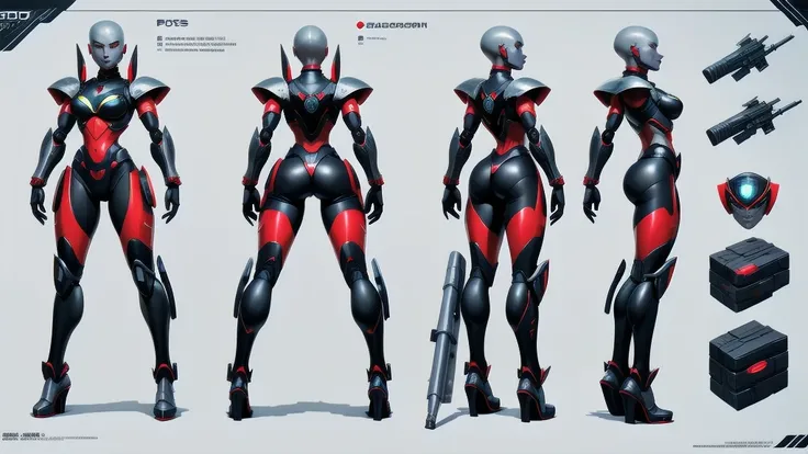 (character design sheet of female robot) realistic, detailed, camera eyes, metalic face and skin, bold head, no hair, flexible armor, standing posture, light background, vibrant colors, professional concept art style, high resolution, studio lighting, fine...