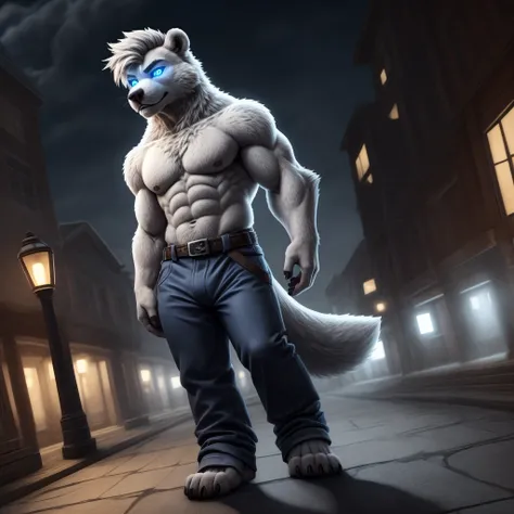 ((( furry character, full body, furry male.)))

Ice bear boy sleepwalking on night street, hypnotised brawny boy wears blue pajama (long pants), wears black socks on feet with green spiral on soles. (blue glowing eyes)

BREAK, detailed background, 8K, (mas...