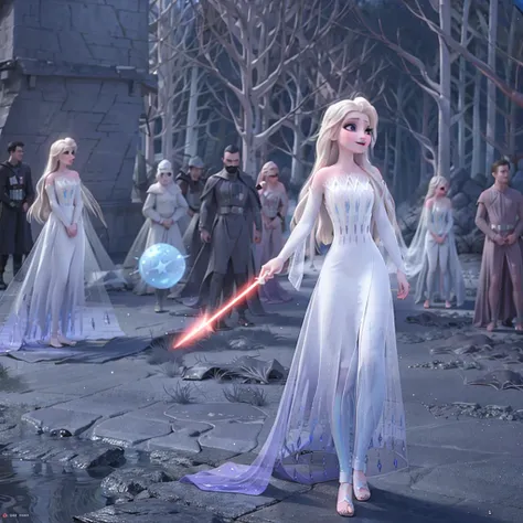 elsa princess from frozen dressed in a black sith robe and holding a red star wars-style lightsaber in her hands, with the clone...