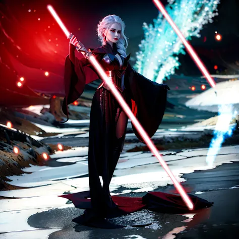 Elsa princess from Frozen dressed in a black Sith robe and holding a red Star Wars-style lightsaber in her hands, with the clone army in the background