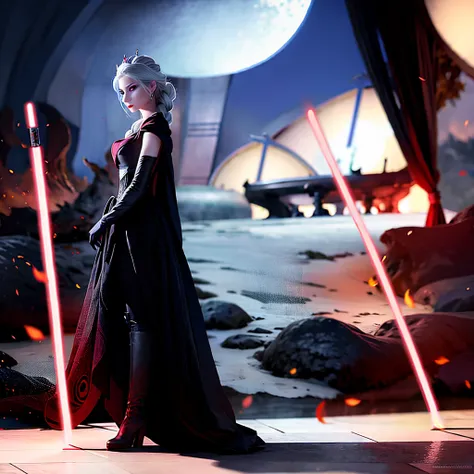 elsa princess from frozen dressed in a black sith robe and holding a red star wars-style lightsaber in her hands, with the clone...