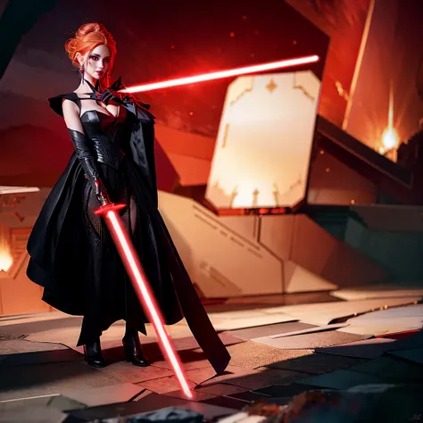 Elsa princess from Frozen dressed in a black Sith robe and holding a red Star Wars-style lightsaber in her hands, with the clone army in the background