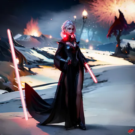 Elsa princess from Frozen dressed in a black Sith robe and holding a red Star Wars-style lightsaber in her hands, with the clone army in the background