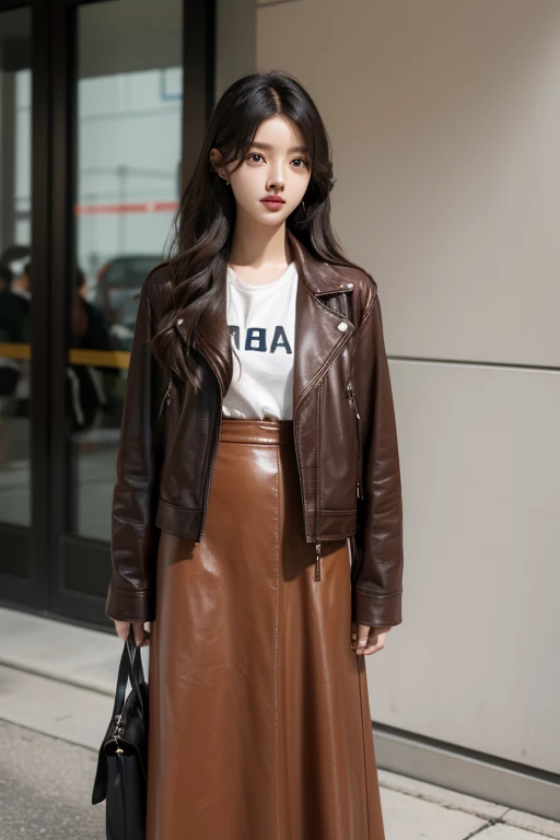 a woman standing in a maxi brown leather jacket, ulzzang, Hermosa joven coreana, Chica coreana, Sakimichan, Hermosa mujer surcoreana, Asian girl with long hair, con el pelo largo, dilraba dilmurat, Heonhwa Choe, Gongbi, Hermosa joven coreana