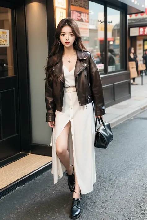 a woman standing in a maxi brown leather jacket, ulzzang, Hermosa joven coreana, Chica coreana, Sakimichan, Hermosa mujer surcoreana, Asian girl with long hair, con el pelo largo, dilraba dilmurat, Heonhwa Choe, Gongbi, Hermosa joven coreana