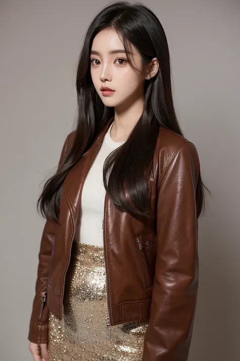 a woman standing in a maxi brown leather jacket, ulzzang, Hermosa joven coreana, Chica coreana, Sakimichan, Hermosa mujer surcoreana, Asian girl with long hair, con el pelo largo, dilraba dilmurat, Heonhwa Choe, Gongbi, Hermosa joven coreana