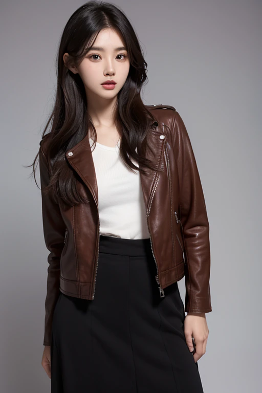 a woman standing in a maxi brown leather jacket, ulzzang, Hermosa joven coreana, Chica coreana, Sakimichan, Hermosa mujer surcoreana, Asian girl with long hair, con el pelo largo, dilraba dilmurat, Heonhwa Choe, Gongbi, Hermosa joven coreana