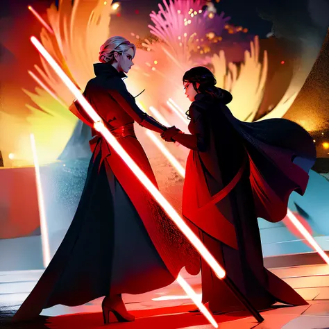 Elsa princess from Frozen dressed in a black Sith robe and holding a red Star Wars-style lightsaber in her hands, with the clone army in the background