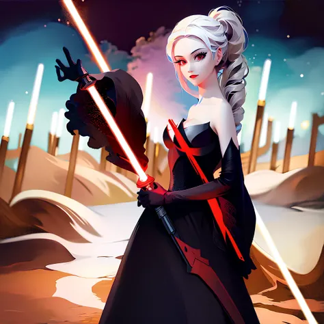 Elsa princess from Frozen dressed in a black Sith robe and holding a red Star Wars-style lightsaber in her hands, with the clone army in the background