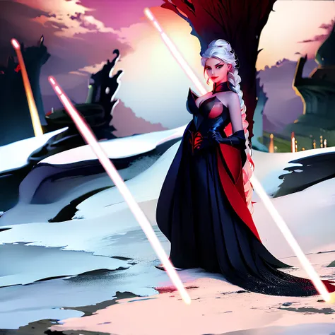 Elsa princess from Frozen dressed in a black Sith robe and holding a red Star Wars-style lightsaber in her hands, with the clone army in the background