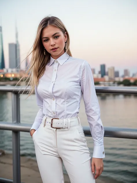 beautiful photograph of a smart looking 1girl, solo, wearing a crisp (white, collared shirt), fine fabric emphasis, perfectly de...