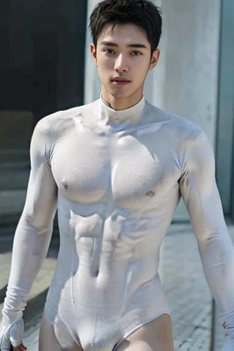 (masutepiece,High resolution,ultra - detailed:1.0),1(Boy,Robot Boy),Perfect male body,Look at the camera,Delicate eyes and delicate face,extremely details CG,Unity 8k壁纸,intricate-detail,solo person,Detailed face, (Futuristic skin-perfect white bodysuit), B...