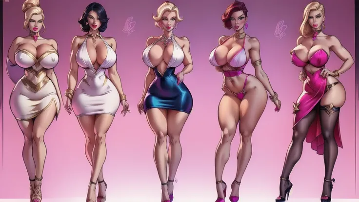 (character design sheet of mature bimbo) realistic, detailed, luxurious jewelry, glamorous makeup, sexy and revealing outfits, high heels, curvy body shape, confident posture, fashionable accessories, stylish hair, standing posture, light background, vibra...