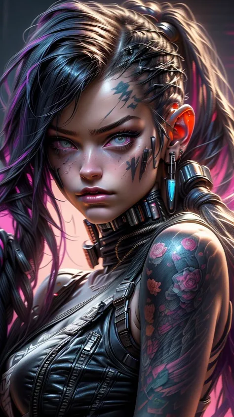 a close up of a woman with a tattoo on her arm, cyberpunk beautiful girl, beautiful cyberpunk girl face, dreamy cyberpunk girl, cyberpunk art ultrarealistic 8k, cyberpunk 2 0 y. o model girl, beautiful cyberpunk woman model, the cyberpunk girl portrait, 4k...