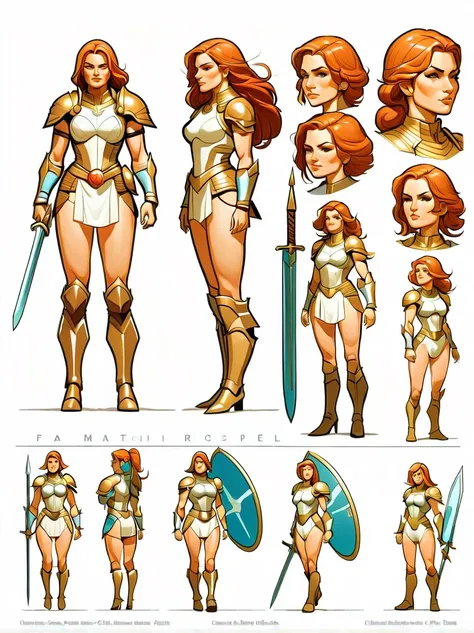 （character design sheet:1.5），whole body，1 mighty female warrior，（orderly rows：1.2，spaced apart：1.2，no overlap：1.2），clear lines，c...