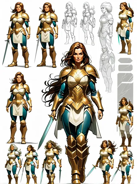 （character design sheet:1.5），whole body，1 mighty female warrior，（orderly rows：1.2，spaced apart：1.2，no overlap：1.2），clear lines，c...