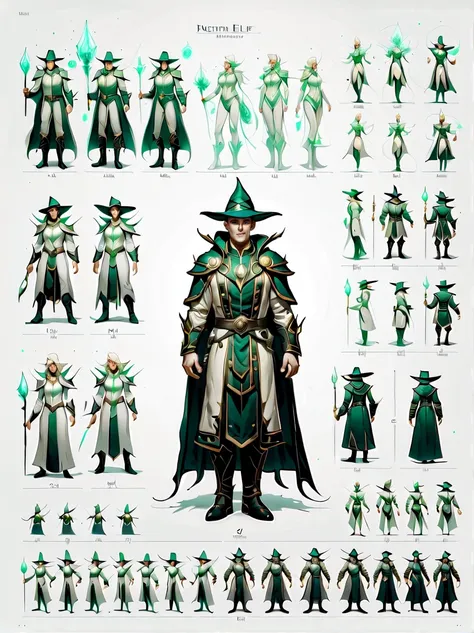 （character design sheet:1.5），whole body，1 mysterious elf mage，（orderly rows：1.2，spaced apart：1.2，no overlap：1.2），clear lines，cle...