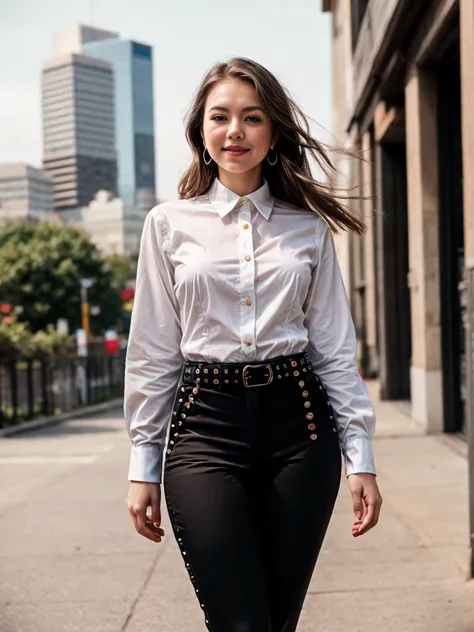 beautiful photograph of a smart looking 1girl, solo, outdoors, standing against a city skyline at midnight, wearing a crisp (whi...