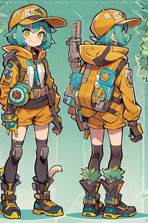 Boyish girl and creepy cute monster buddy、anime-like、Adventurer、A determined smile、Brown hair with light blue mesh、Monocle with analytical ability、Sporty、Emblem with the Ouroboros ring motif、cap with cat ears、He is equipped with a mechanical gauntlet on hi...