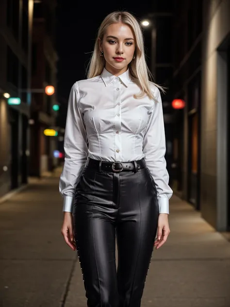 beautiful photograph of a smart looking office lady, solo, outdoors, standing against a midnight city skyline at, street light alleyway wearing a crisp (white, collared shirt), fine fabric emphasis, perfectly defined button detailing, (((black high-waisted...