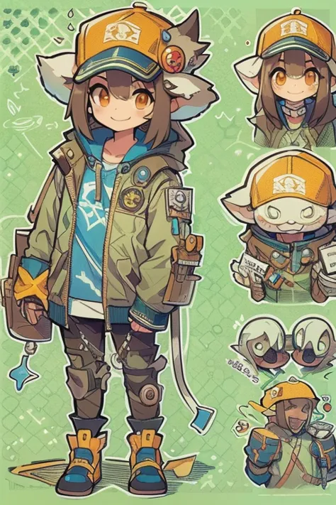 boyish girl and creepy cute monster buddy、anime-like、adventurer、a determined smile、brown hair with light blue mesh、monocle with ...