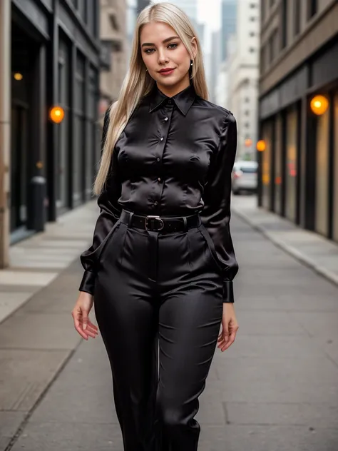 beautiful photograph of a smart looking office lady, solo, outdoors, standing against a midnight city skyline at, street light a...